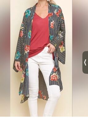 Umgee navy Striped Floral Kimono Cardigan with Orange Flowers